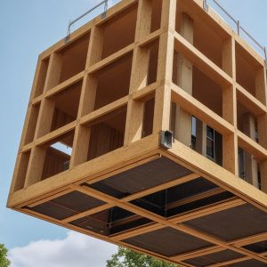 Un modulo in legno di un'architettura moderna viene spostato con una gru