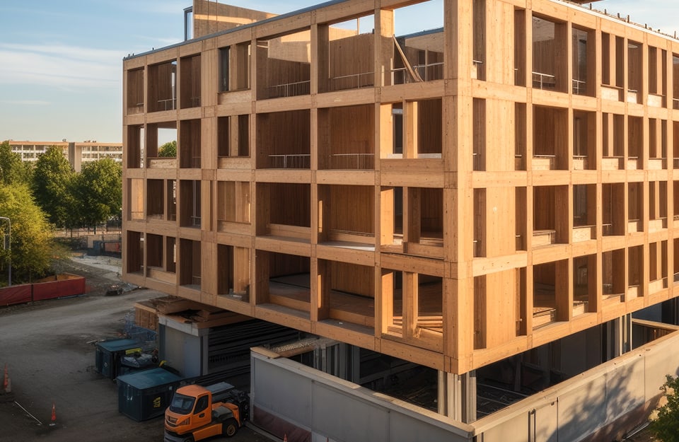 Un edificio in legno con struttura modulare in costruzione