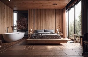 Una luminosa stanza d'hotel in stile giapponese totalmente in legno, con grande letto basso, parquet al pavimento, vasca da bagno moderna bianca vicino al letto e grandi finestre a parete