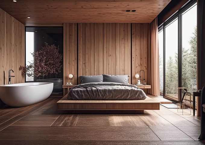 Una luminosa stanza d'hotel in stile giapponese totalmente in legno, con grande letto basso, parquet al pavimento, vasca da bagno moderna bianca vicino al letto e grandi finestre a parete