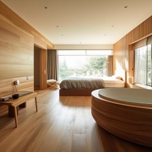 Una stanza d'hotel con parquet e legno alle pareti, con due grandi finestre, letto, vasca da bagno circolare e panca