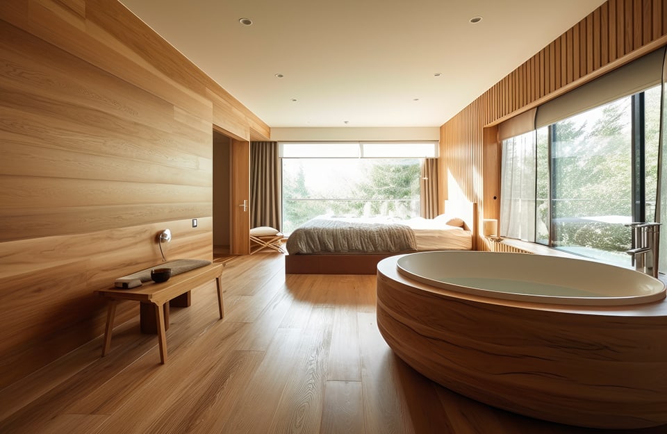 Una stanza d'hotel con parquet e legno alle pareti, con due grandi finestre, letto, vasca da bagno circolare e panca