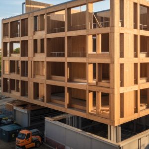 Un edificio in legno con struttura modulare in costruzione