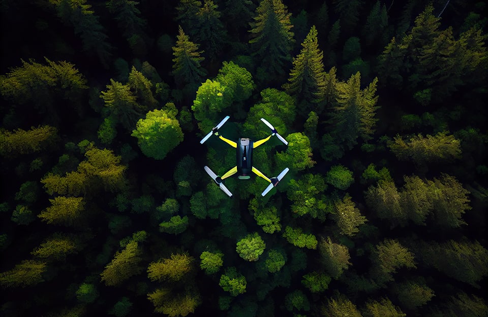 Vista dall'alto di un drone che sta volando sopra un bosco