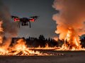 Un drone con telecamera vola sopra una serie di falò accesi su una pianura accanto a un bosco, di sera