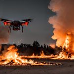 Un drone con telecamera vola sopra una serie di falò accesi su una pianura accanto a un bosco, di sera