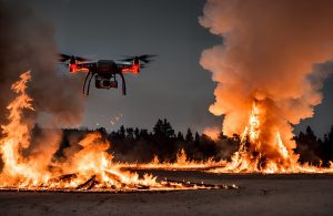 Un drone con telecamera vola sopra una serie di falò accesi su una pianura accanto a un bosco, di sera