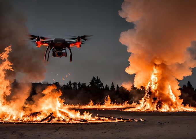 Un drone con telecamera vola sopra una serie di falò accesi su una pianura accanto a un bosco, di sera