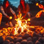 Un gruppo di ragazze e ragazzi attorno a un falò, la sera all'aperto, mettono i marshmallow sul fuoco con degli spiedi