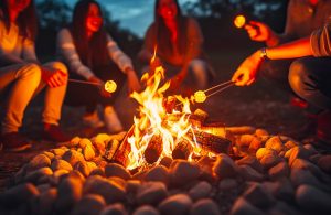 Un gruppo di ragazze e ragazzi attorno a un falò, la sera all'aperto, mettono i marshmallow sul fuoco con degli spiedi