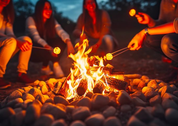 Un gruppo di ragazze e ragazzi attorno a un falò, la sera all'aperto, mettono i marshmallow sul fuoco con degli spiedi