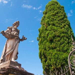 Una delle statue del parco monumentale di Villa Bellavista, a Borgo a Buggiano, insieme a un albero, forse un cipresso
