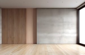 Una stanza vuota con un pavimento in legno e una parete in cemento. La parete è rivestita con pannelli fonoassorbenti in legno disposti in modo regolare. La stanza è illuminata da una grande finestra