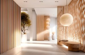 Parte di una lobby di un hotel in stile moderno, con pannelli fonoassorbenti in legno, lampadari a globo in legno intrecciato, diverse piante e una panca in legno