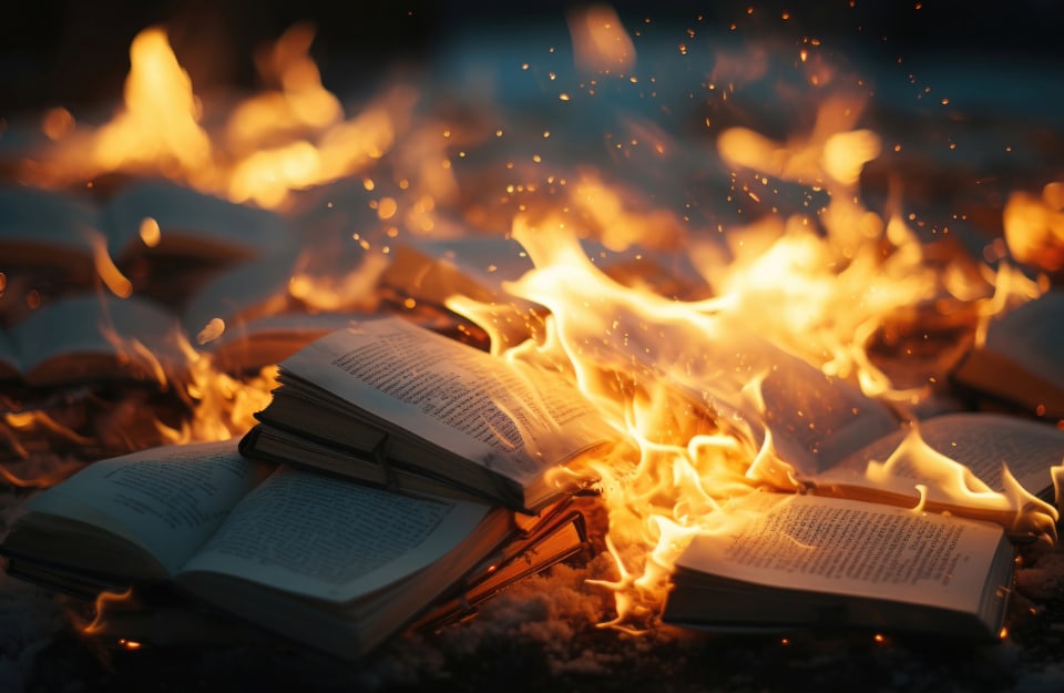 Immagine creata con l'AI di libri che prendono fuoco