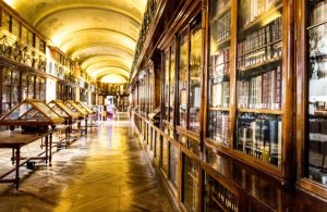Interno di una delle sale della Biblioteca Reale di Torino, con libri antichi nelle vetrine e nelle teche di un lungo corridoio illuminato