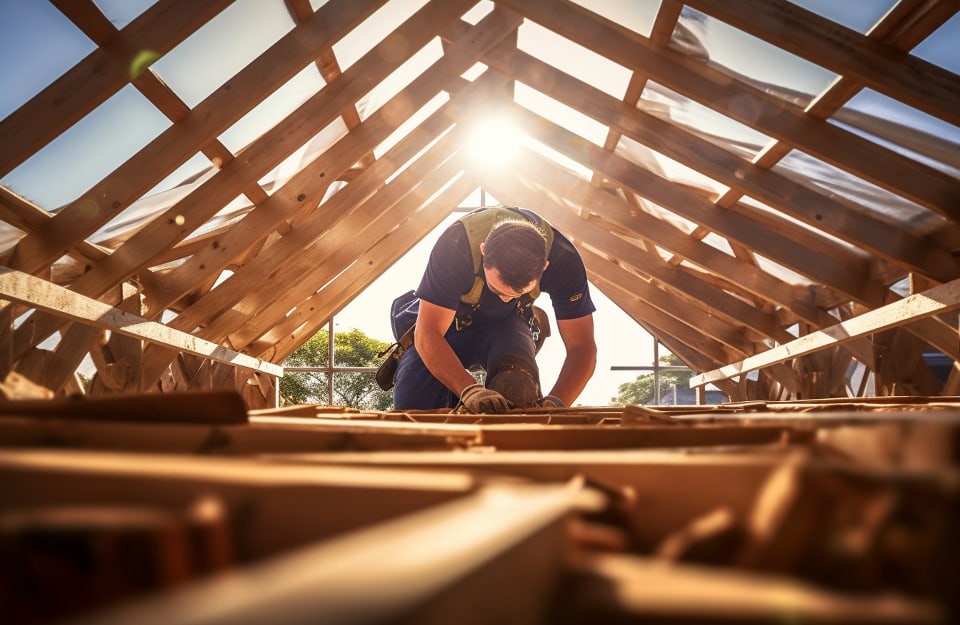 Un operaio sta lavorando, con il sole alle spalle, sulla struttura in legno di un tetto di un edificio