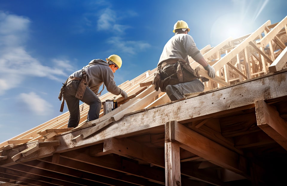 Due operai edili stanno lavorando in una giornata serena sulla struttura in legno di un tetto di un edificio in costruzione