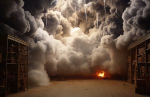 Immagine realizzata da un'AI di una biblioteca che sta andando a fuoco, con il fume che riempie l'ambiente