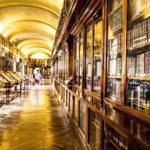 Interno di una delle sale della Biblioteca Reale di Torino, con libri antichi nelle vetrine e nelle teche di un lungo corridoio illuminato