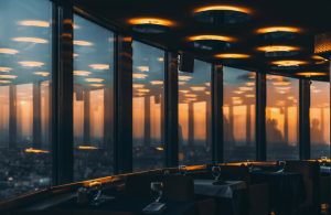 L'interno del ristorante “Settimo cielo”, situato sulla torre di Ostankino, a Mosca, nella penombra, con vista sul cielo al crepuscolo