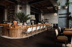Interno di un bar caffetteria in stile anglosassone con lungo bancone in legno, sgabelli, tavolini e molte piante