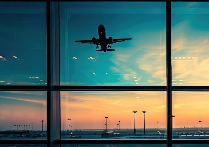 La vetrata di un aeroporto con luce drammatica all'alba o al tramonto, con un aereo che sta decollando