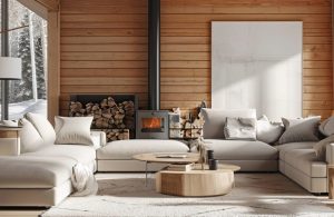 Salotto di una casa di montagna con pareti in legno, grande finestra che dà su un panorama innevato, stufa a legna, divani chiari, tavolino realizzato da un tronco di legno e grande quadro astratto sui toni del bianco alla parete