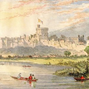 Acquerello d'epoca che mostra il castello di Windsor visto dal Tamigi, con alcune barche sul fiume