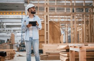 Un operaio in uno stabilimento industriale di falegnameria sta controllando degli appunti su un tablet