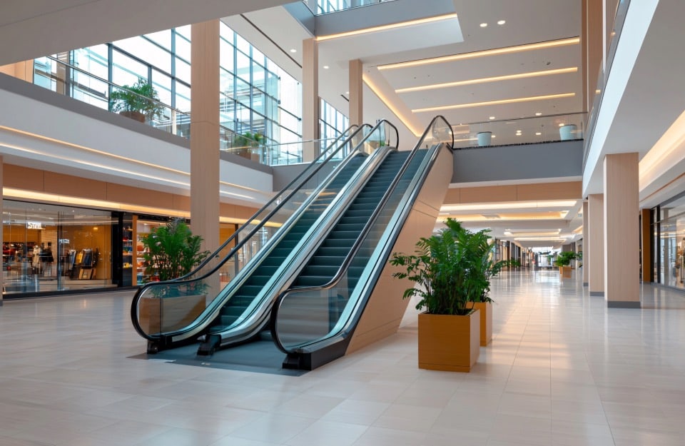Centro commerciale vuoto, su due piano, con due scale mobili in primo piano